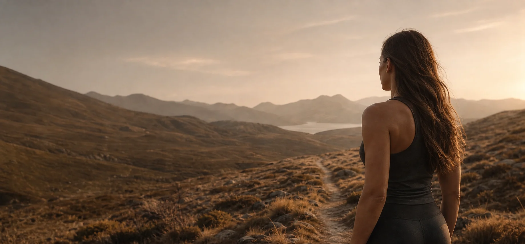 A dark-haired runner looking across a warm Scottish mountain landscape
