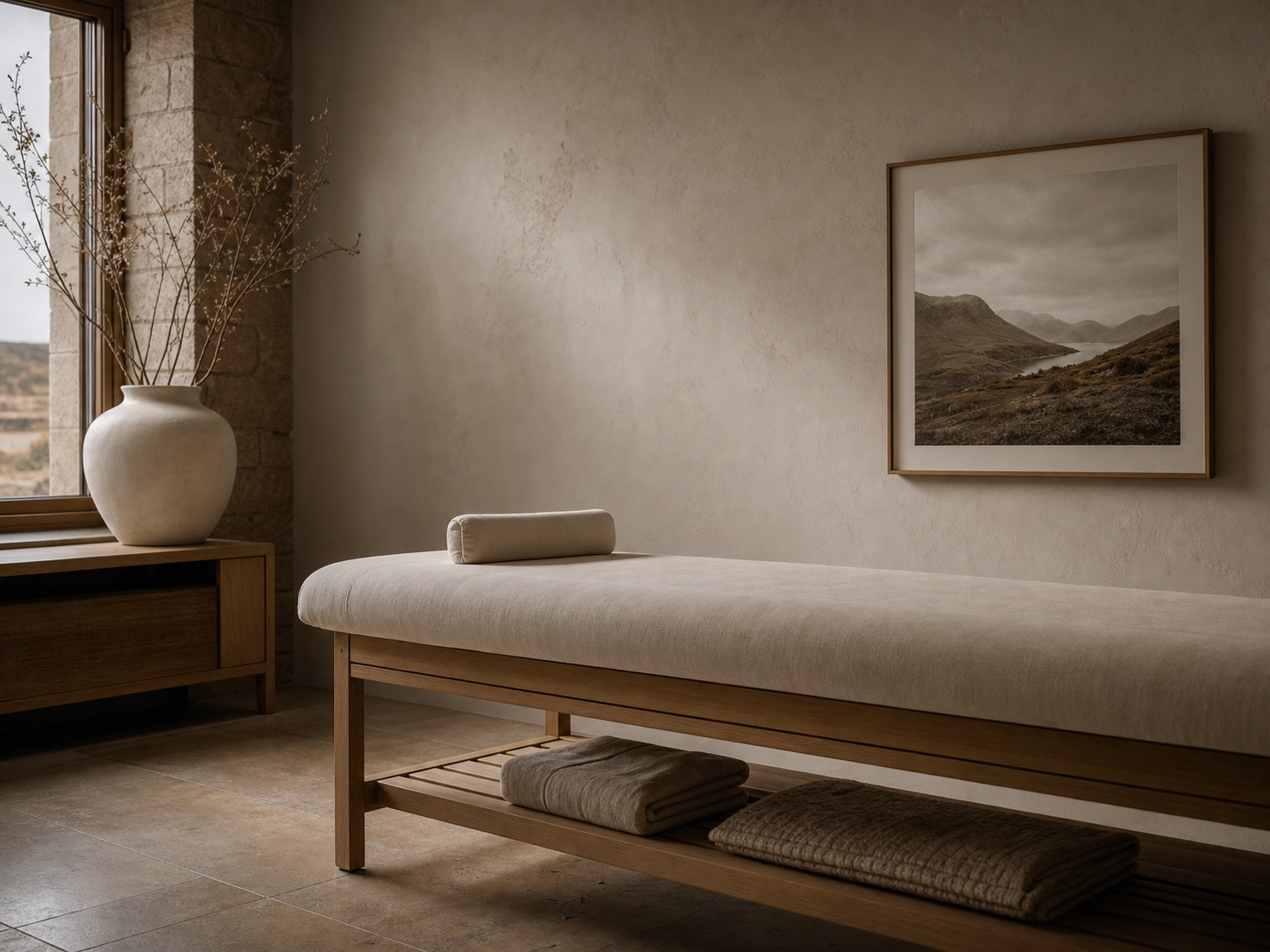 A calm treatment room with a Scottish landscape print